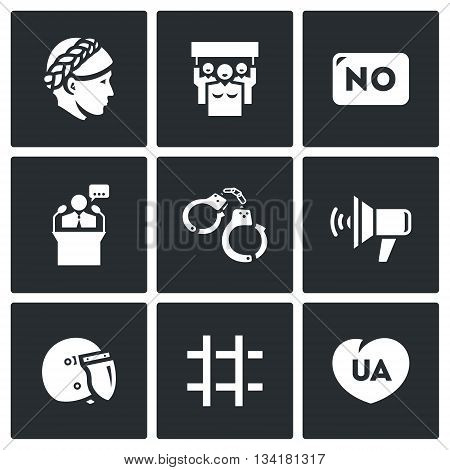 Ukrainian, crowd, opposition, president, handcuffs, speaker, special forces helmet, patriotism.