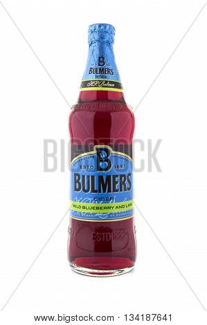SWINDON UK - JUNE 12 2015: Bottle Of Bulmers Wild Blueberry and Lime Cider on a White Background Bulmers owned by H. P. Bulmer of Hereford. It is one of the leading British cider brands in the UK