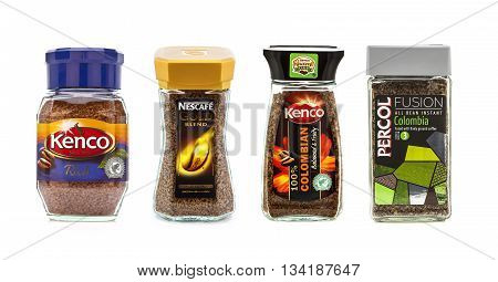 SWINDON UK - MAY 4 2014: Four Jars of Instant Coffee on a white background