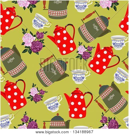 Seamless pattern with tea and coffee. Vector background hand drawing.