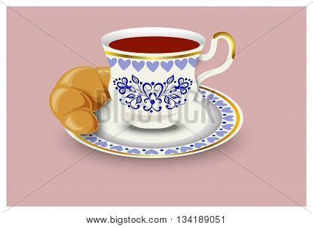 A cup of tea and a bun. Vector illustration hand drawing.