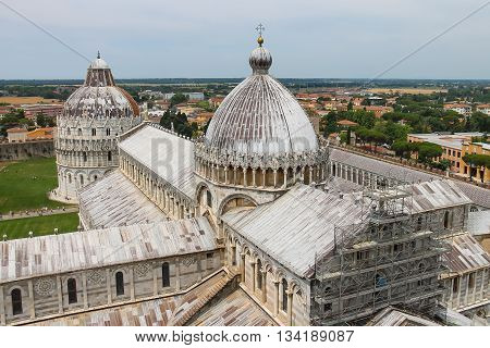 Pisa Italy - June 29 2015: View from Leaning Tower to Cathedral and Baptisery of St. John