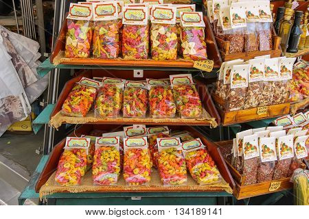 Pisa Italy - June 29 2015: Sale of national Italian pasta at the street souvenirs shop. Province Pisa Tuscany region of Italy