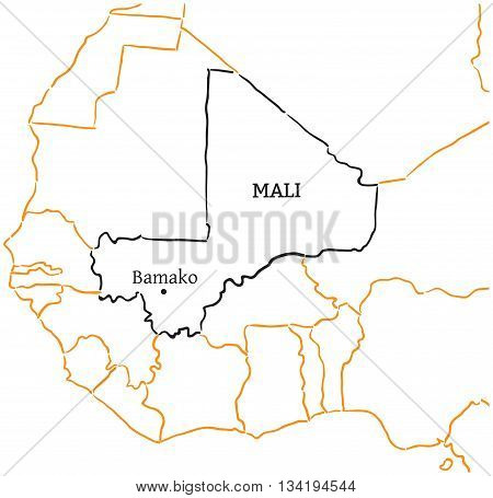 Mali country with its capital Bamako in Africa hand-drawn sketch map isolated on white