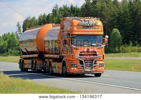 SALO, FINLAND - JUNE 3, 2016: Super tank truck Shogun Scania R620 on the road in Salo. The multiple Nordic Trophy truck show winner by Kuljetus Auvinen is currently owned by Terho Lehtinen Oy.