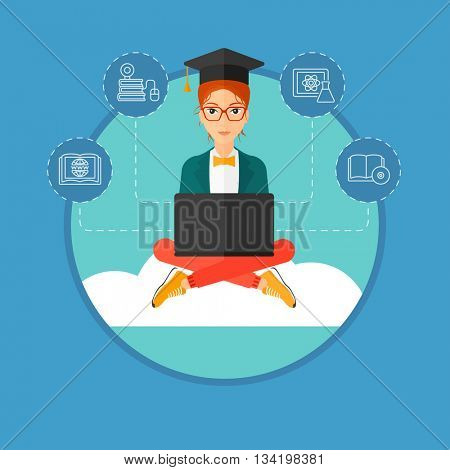 A graduate sitting on the cloud. A graduate in graduation cap working on a laptop. Education technology and graduation concept. Vector flat design illustration in the circle isolated on background.