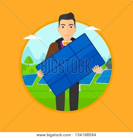 Man holding solar panel in hands. Man with solar panel in hands standing on background of solar power plant. Green energy concept. Vector flat design illustration in the circle isolated on background.
