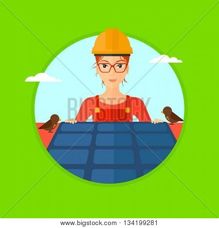 A woman installing solar panels on roof. Technician in inuform and hard hat checking solar panels on roof. Vector flat design illustration in the circle isolated on background.