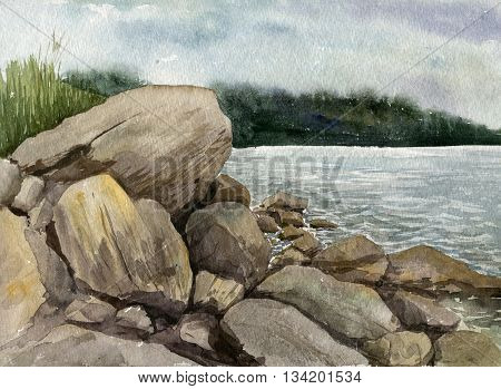 rocks at the sea shore with reflection in water waves and green forest at distance on a cloudy rainy day , sea landscape drawing in watercolor, hand painting illustration