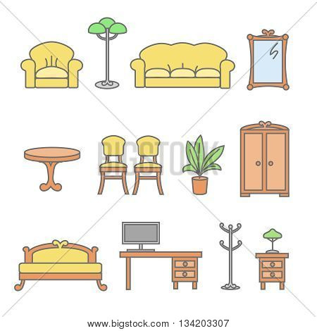 Furniture icons. Isolated flat furniture outline icons set. Bed and armchair, floor lamp, flower