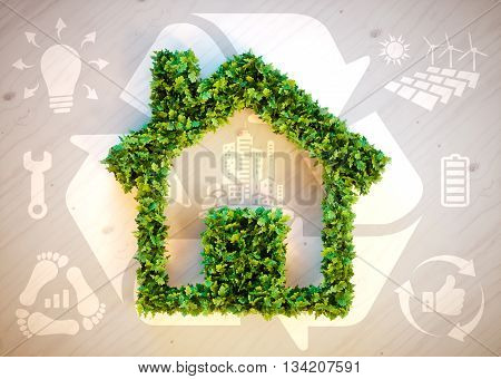 Sustainable living - 3d illustration with ecology icons on brown wooden background.