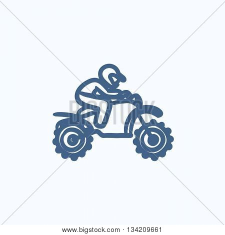 Man riding motocross bike vector sketch icon isolated on background. Hand drawn Man riding motocross bike icon. Man riding motocross bike sketch icon for infographic, website or app.