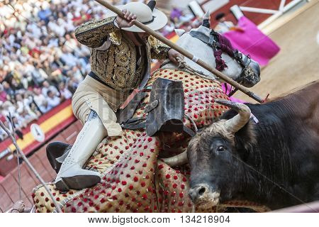 Jaen Spain - October 18 2010: Picador bullfighter lancer whose job it is to weaken bull's neck muscles in the bullring for Jaen Spain