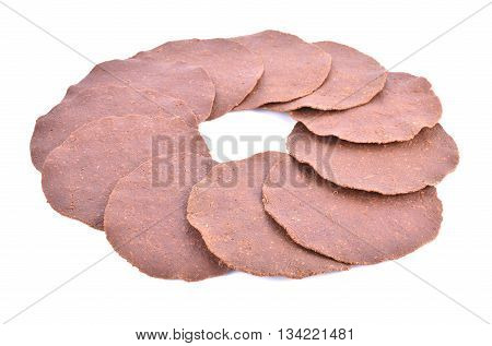 Natto pressed soybean fermented soybeans on white background.