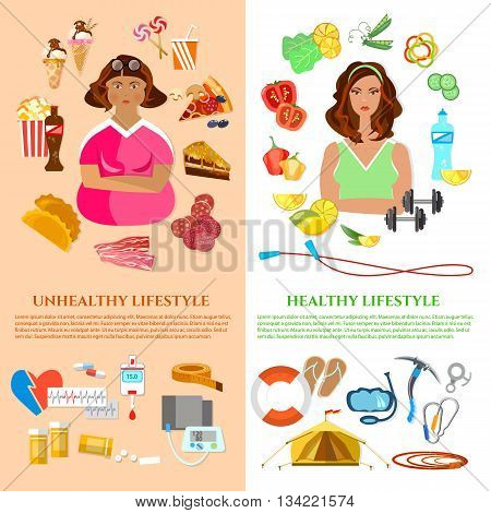 Healthy lifestyle and unhealthy lifestyle banner obesity problem diet and fitness fat and slim girl fast food vector illustration
