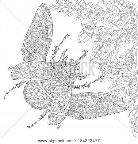 Zentangle stylized cartoon rhinoceros beetle oak leaves and acorns. Hand drawn sketch for adult antistress coloring page T-shirt emblem logo tattoo with doodle zentangle floral design elements.