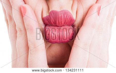 Wrinkles On Lips Concept With Palms On Face