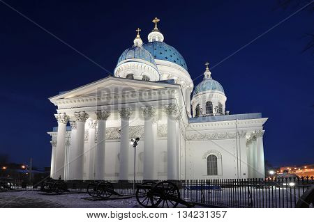 Night View Of The Troitsky Cathedral In St. Petersburg, Russia