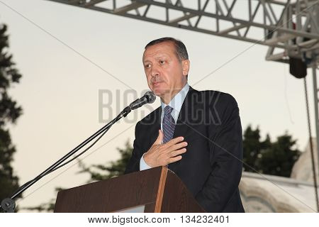 ISTANBUL, TURKEY-MAY 29: Prime Minister Recep Tayyip Erdogan speaks at the reopening of the Faith Mosque after the restoration of five years on May 30, 2012 in Istanbul,Turkey.