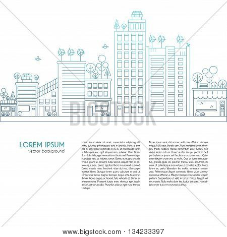 Line design vector illustration with ecology city. Green city concept with eco icons. Green energy - green house wind turbines solar panels.