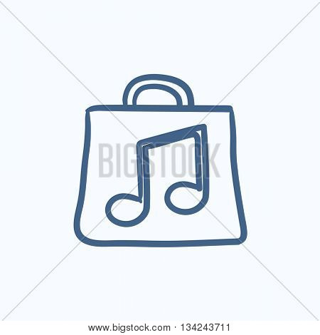 Bag with music note vector sketch icon isolated on background. Hand drawn Bag with music note icon. Bag with music note sketch icon for infographic, website or app.