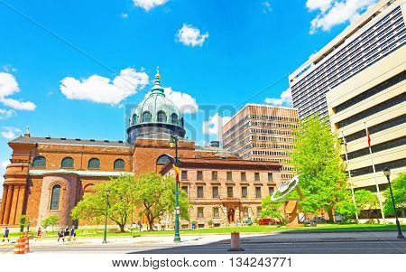 Philadelphia, USA - May 5, 2015: Cathedral Basilica of Saints Peter and Paul in Philadelphia in Pennsylvania USA. It is also called as Roman Catholic Archdiocese of Philadelphia. Tourists in the street.