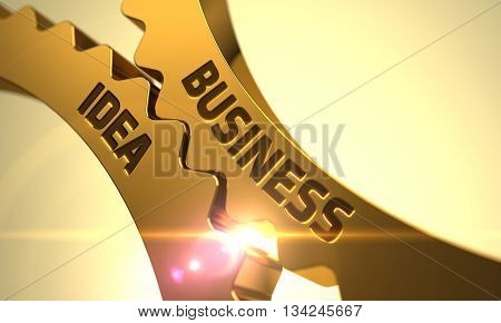 Business Idea on the Mechanism of Golden Metallic Cog Gears with Lens Flare. Business Idea on Mechanism of Golden Metallic Gears with Glow Effect. 3D.