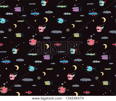 Seamless pattern Fun Cute Cartoon Monsters for Kids Design background. Underwater creatures seamless pattern on black. Tileable background vector.