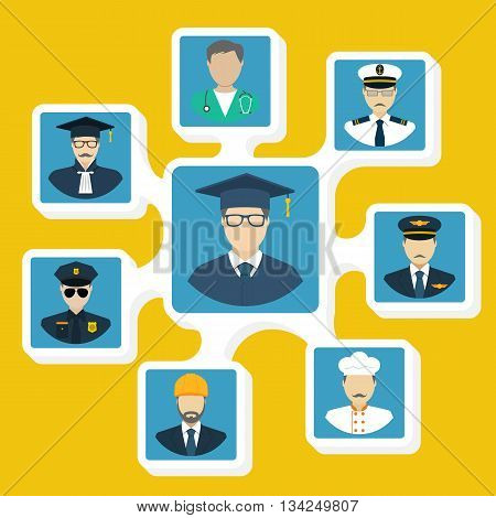 Student with a choice of professions. Career choice options. Set of people occupations icons flat design style. Vector illustration. Education and career concept.