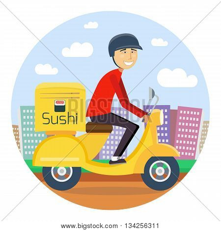 Sushi or food delivery concept. Boy riding on scooter or motorcycle, delivering fastfood. Fast and free Transport. Free shipping, sushi restaurant service. vector flat cartoon illustration