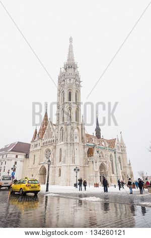 BUDAPST, HUNGARY - 5, JANUARY 2016. St. Matthias gothic church on Buda hill in Budapest castle district, Hungary. Taken in winter of 2016