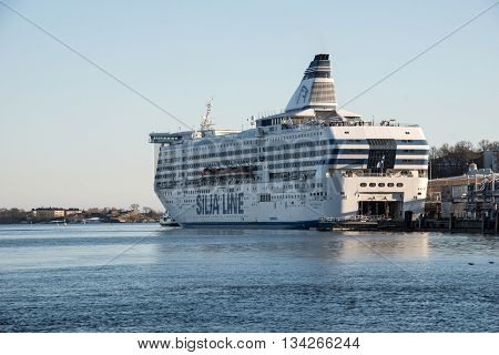 HELSINKI, FINLAND - circa MARCH 2016: Popular tourist ferry boat - Silja Line - at the port of Helsinki, Finland