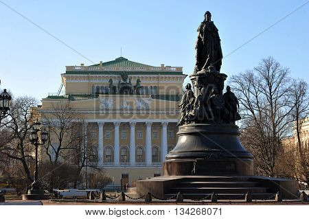 The Monument To Catherine Ii And Alexandrinsky Theatre In St. Petersburg Russia