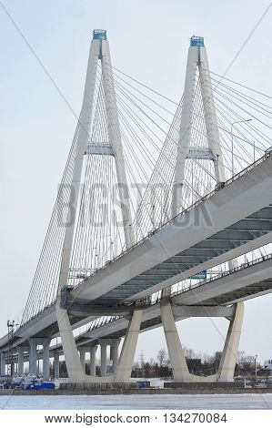 St. Petersburg, Russia, 6 January: Big Obukhovsky Bridge (cable-stayed) Over The Neva River On Janua