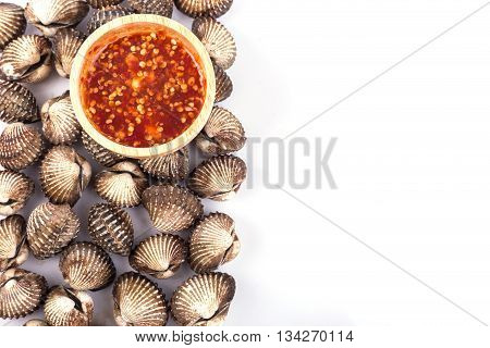 Boiled Blood Cockle With Sauce Isolated On White Background