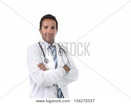 40s attractive and happy male medicine doctor with stethoscope wearing medical gown standing proud smiling with folded arms in corporate portrait isolated on white background