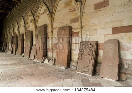 WISSEMBOURG, ALSACE, FRANCE - June 12, 2016: Gravestones of the Benedictine Monastery of 12-15 Century.