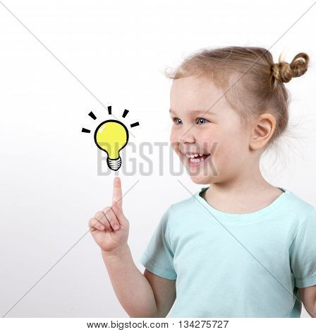 Smart child girl with light bulb isolated on white background. idea concept. school concept.