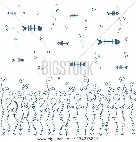 Horizontal seamless pattern with fishbones and abstract doodle seaweeds. Vector background.