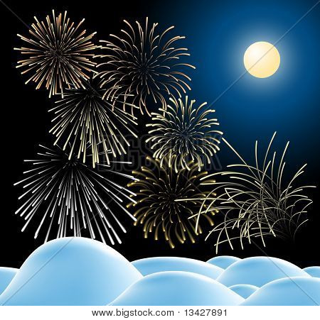Winter christmas landscape in night with fireworks (vector)