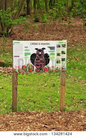 Evreux France - april 29 2016 : insect hotel sign in the Trangis castle park