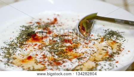 Picture of a Tzatziki or cacik cucumber and yogurt salad with mint leavespepper and cooking oil