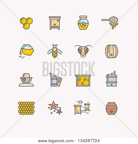 Set of linear icons beekeeping, bees, honey, beekeeper tools. Vector symbols of bee honey and bee products. Illustration, bee hives, barrels, jars, honey comb and flower.