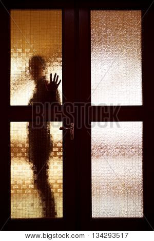 Woman behind the matte glass door blurred silhouette