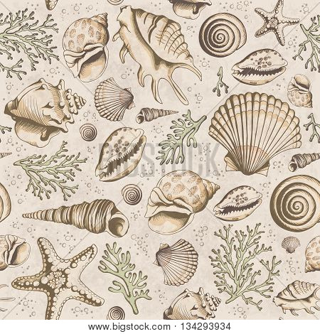 Seamless vintage pattern with seashells corals and starfishes. Marine background. Vector illustration in sketch style. Perfect for greetings invitations manufacture wrapping paper textile wedding and web design.