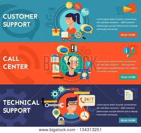 Customer and Technical Support and Call Senter concept banners. Flat style vector illustration online web banners