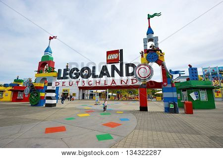 Günzburg GERMANY - MAY 6: Legoland entrance. Legoland is located in Bavaria South Germany between Munich and Stuttgart with both cities just being a 90 minute drive away. May 6 2014 Günzburg Germany