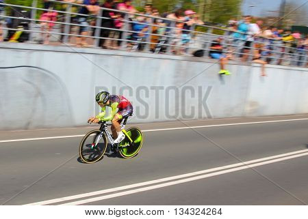 APELDOORN, NETHERLANDS-MAY 6 2016: Matteo Busato of pro cycling team Wilier-Southeast during the Giro d'Italia prologue time trial.