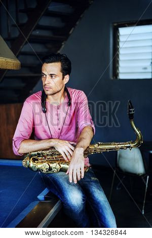 Jazzman Musical Artist Playing Saxophone Concept