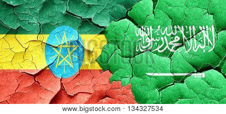 Ethiopia flag with Saudi Arabia flag on a grunge cracked wall